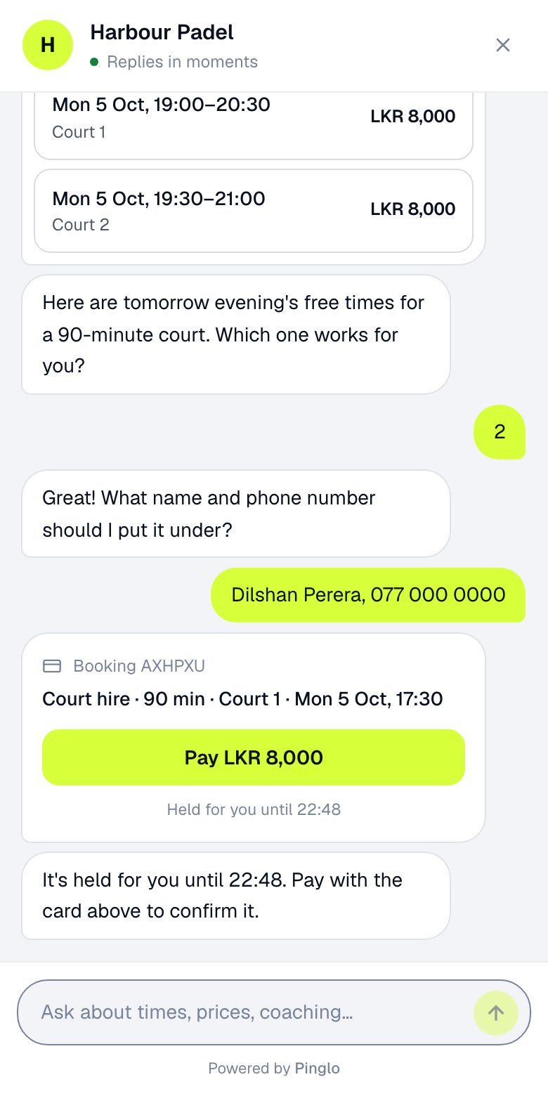 The customer's chat: a payment card reading Pay LKR 8,000, held until 22:48, and the reply: It's held for you until 22:48. Pay with the card above to confirm it.